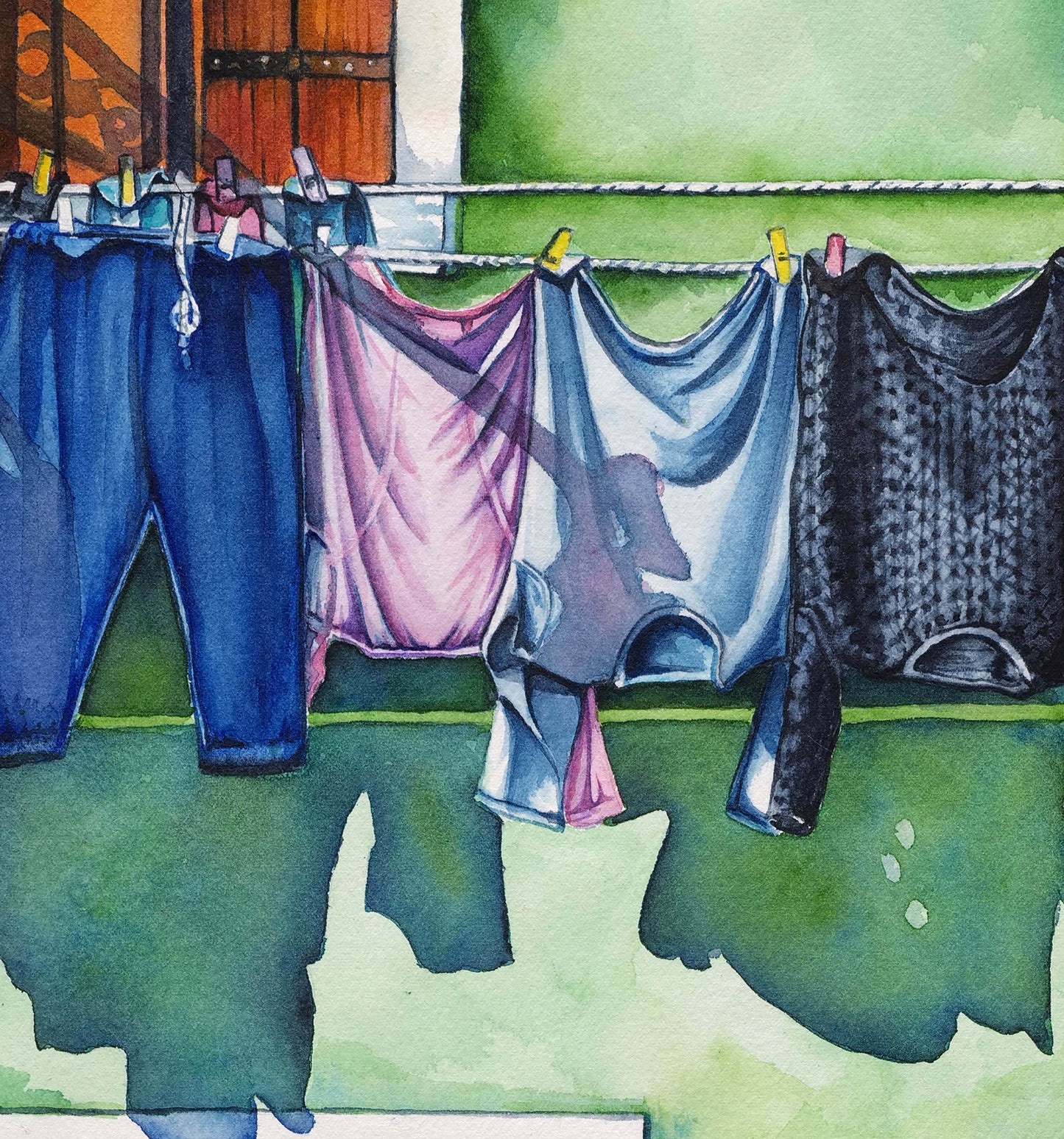 Clothesline on Green House - Giclée Watercolor Print