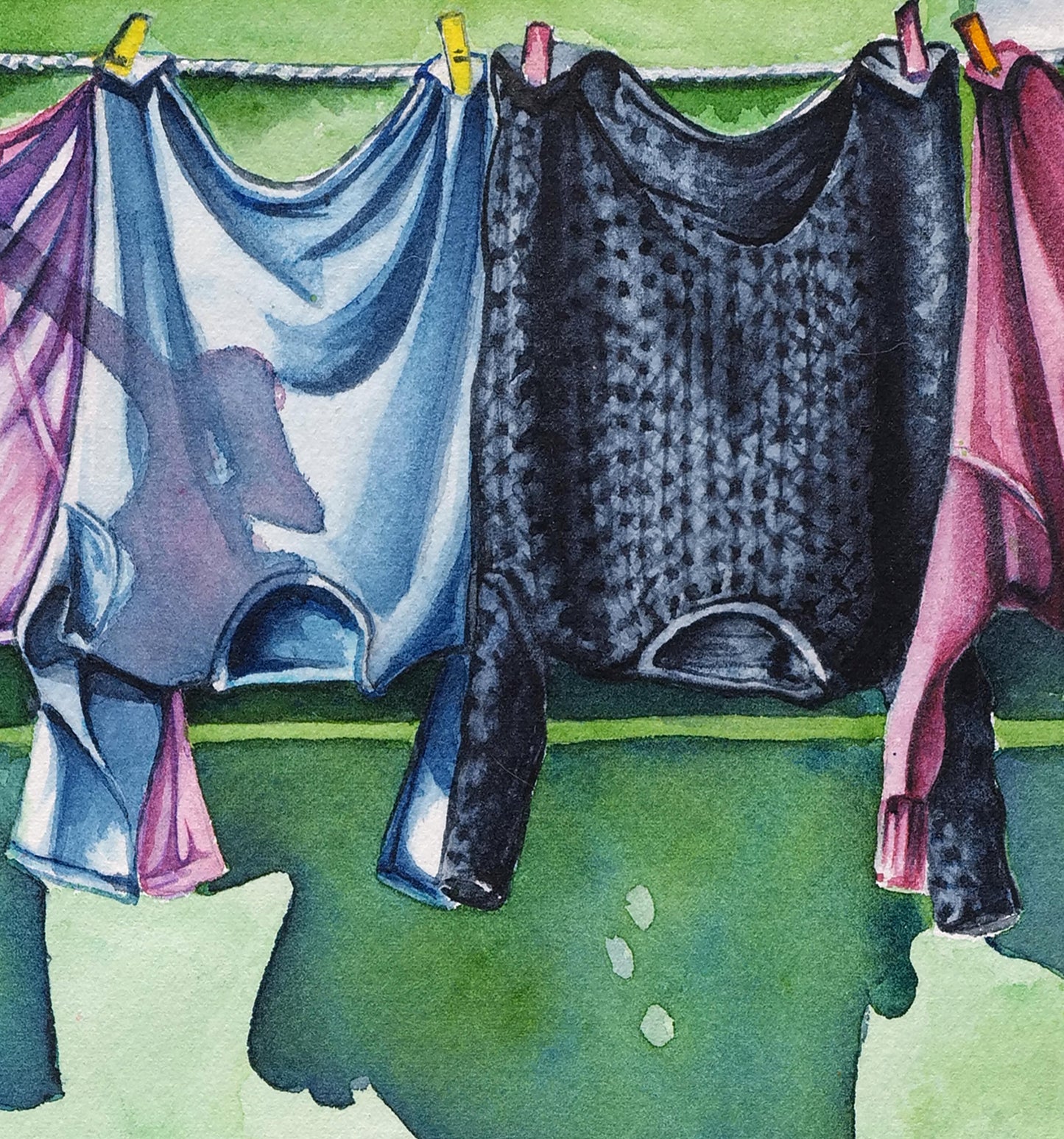 Clothesline on Green House - Giclée Watercolor Print
