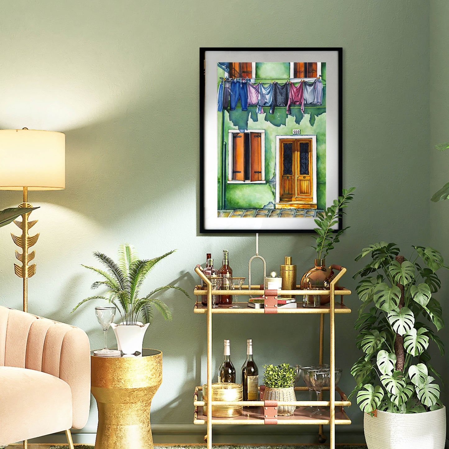 Clothesline on Green House - Giclée Watercolor Print
