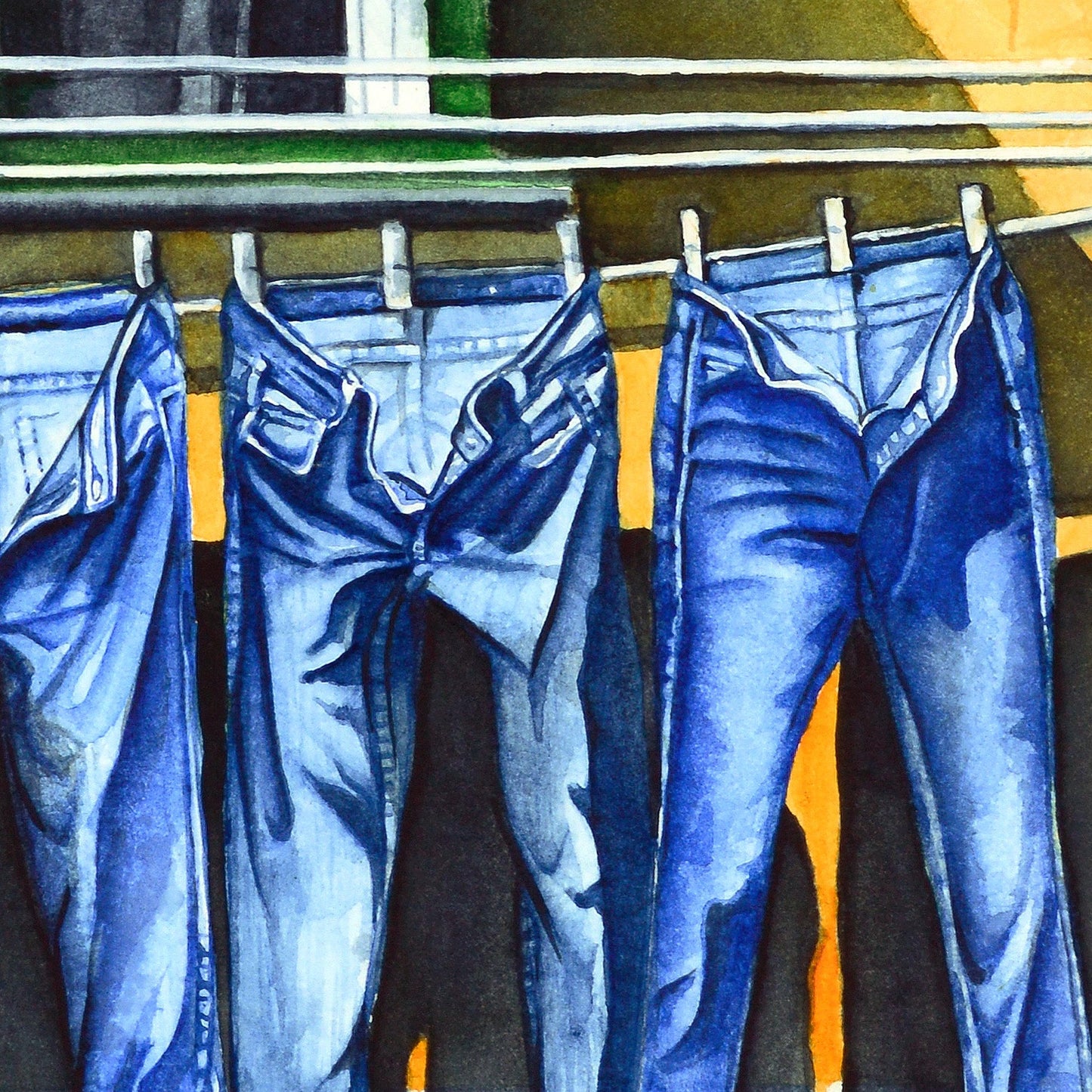 Jeans on Yellow House - Giclée Watercolor Print