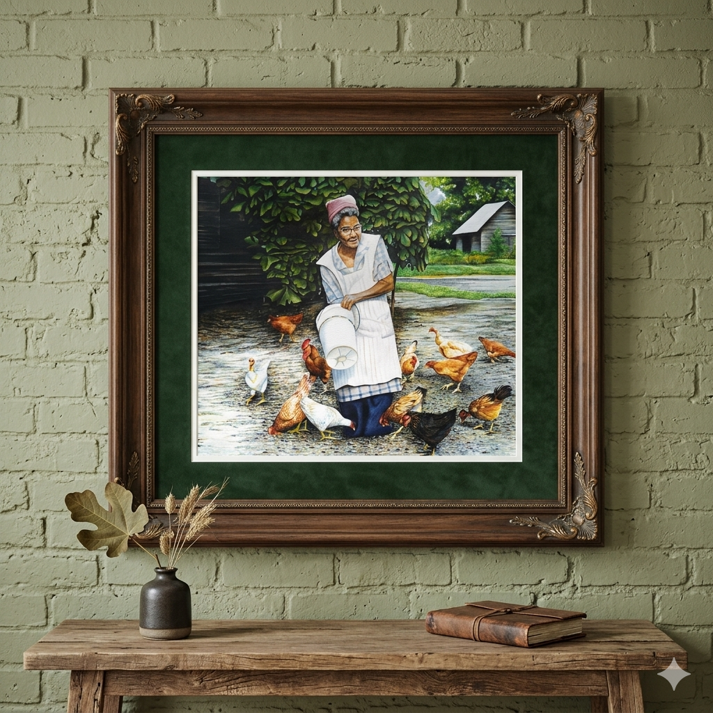 Feeding Chickens Painting - Giclée Watercolor Print