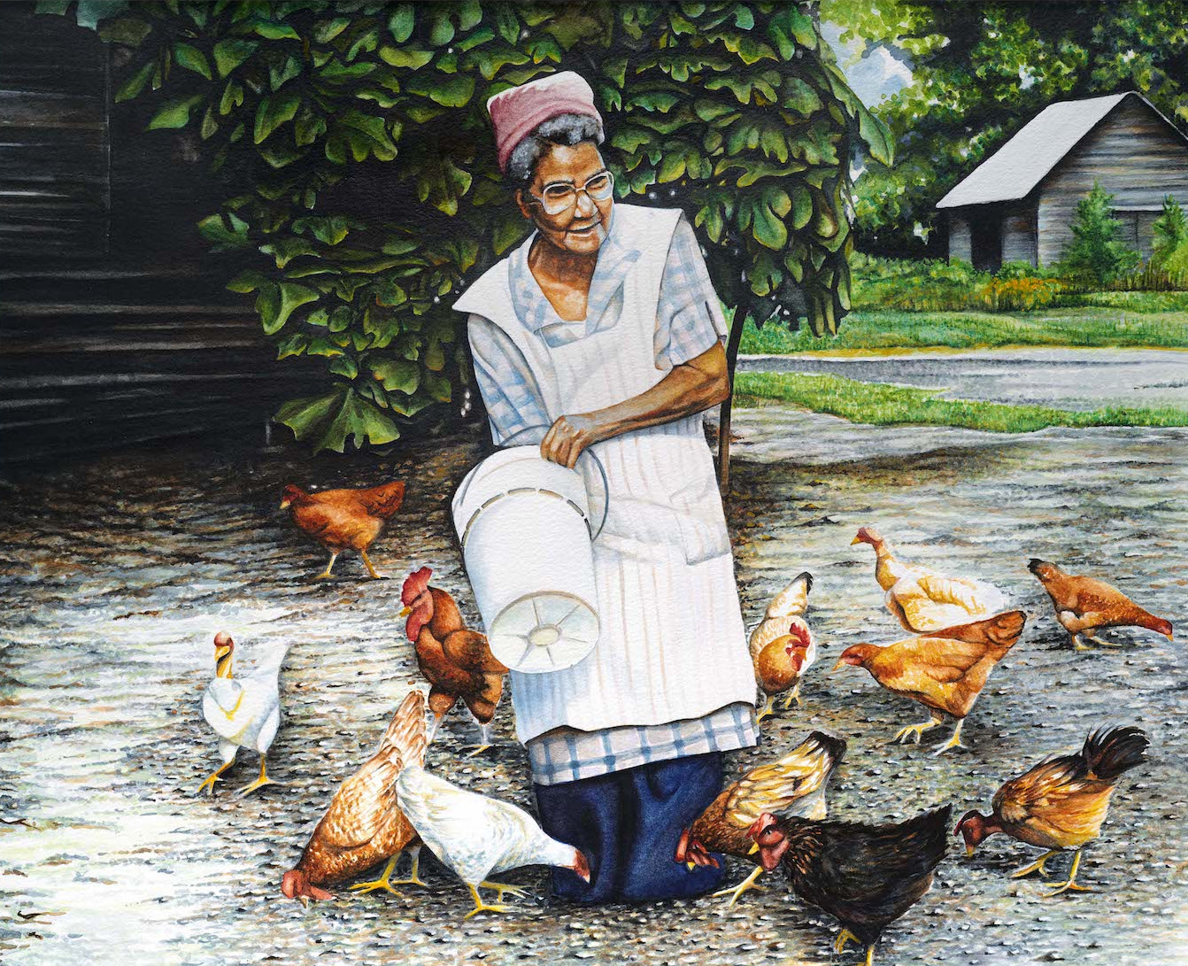 Feeding Chickens Painting - Giclée Watercolor Print