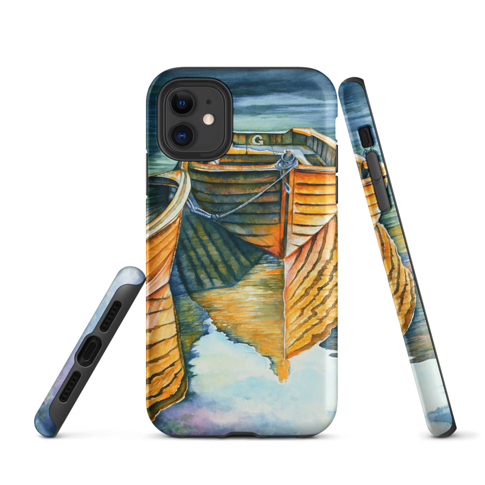 Phone case with a painting of a boat on a white background