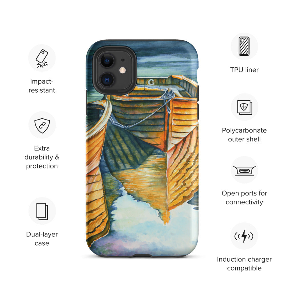 Phone case with boat design and feature icons on a white background