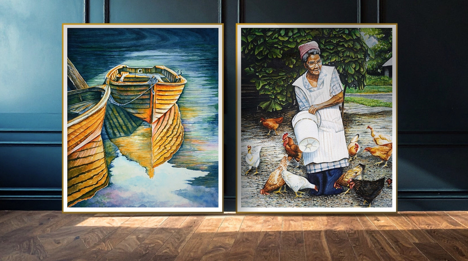 Two framed paintings on a wall, "Colorful Row Boat" and "Feeding Chickens" paintings.
