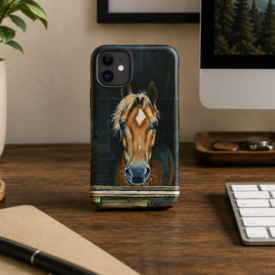 A phone case featuring a detailed portrait of a brown horse with a white diamond on its forehead, shown standing on a wooden desk in a home office setting next to a keyboard, notebook, and computer monitor.