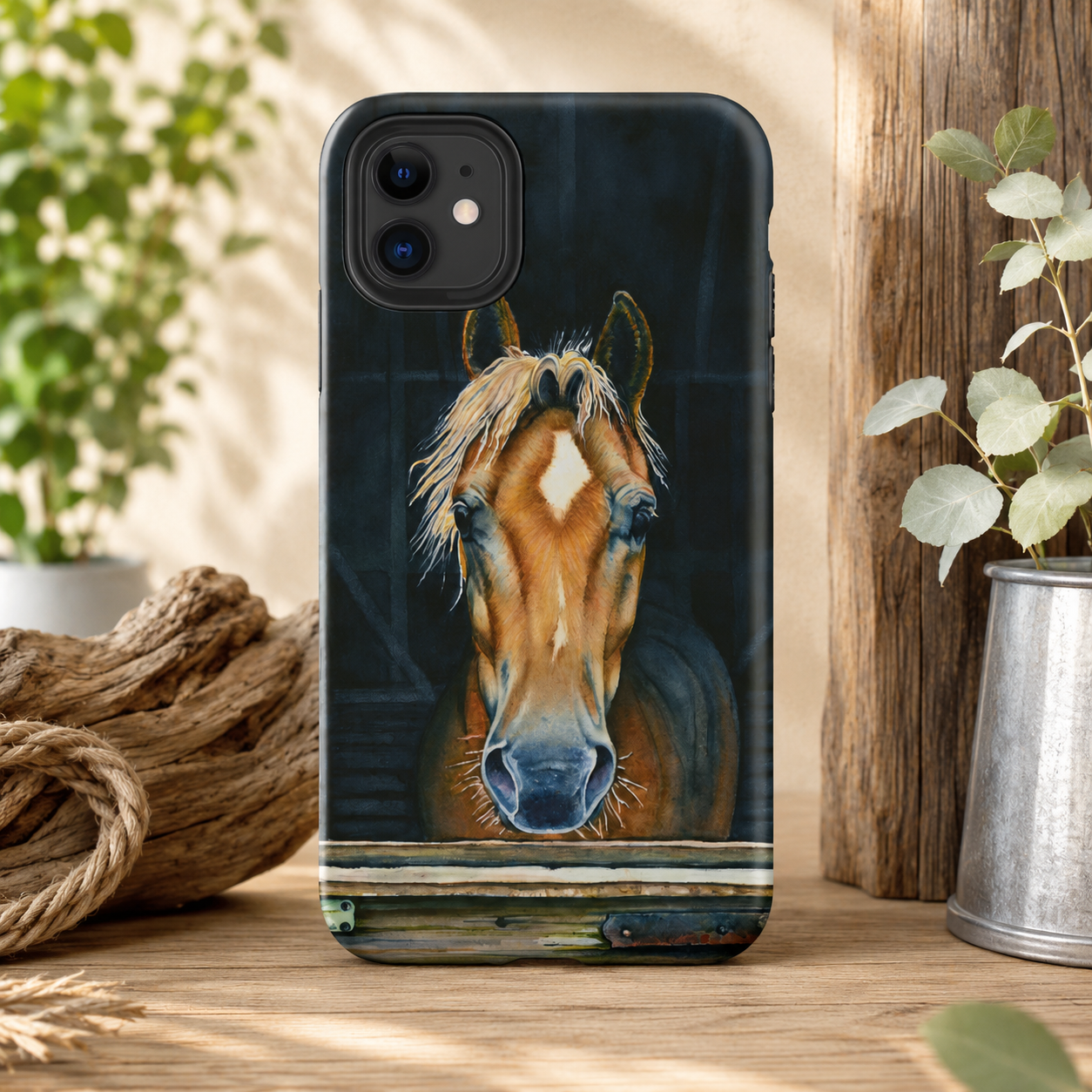 A phone case featuring a detailed portrait print of a brown horse with a white blaze, shown standing on a rustic wooden surface with plants and rope in the background.