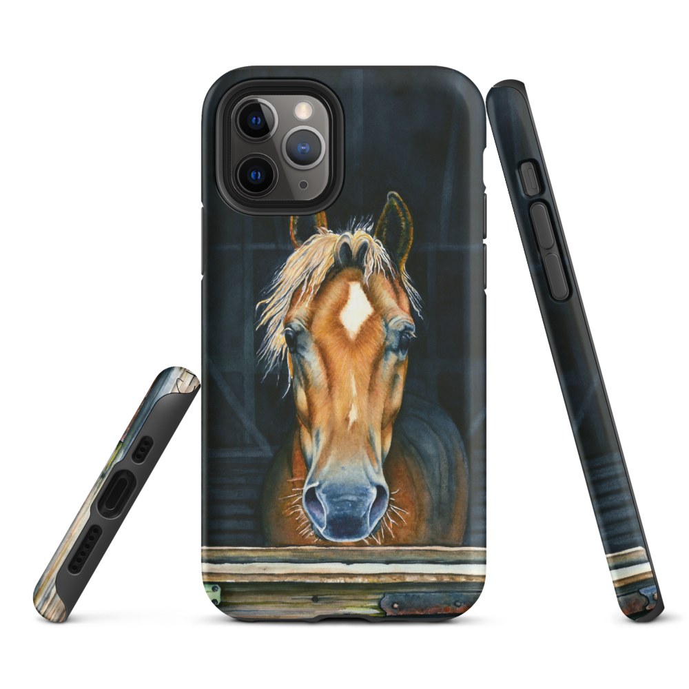 A phone case shown from multiple angles on a white background. The back view shows a printed illustration of a brown horse face against a dark blue-gray background.