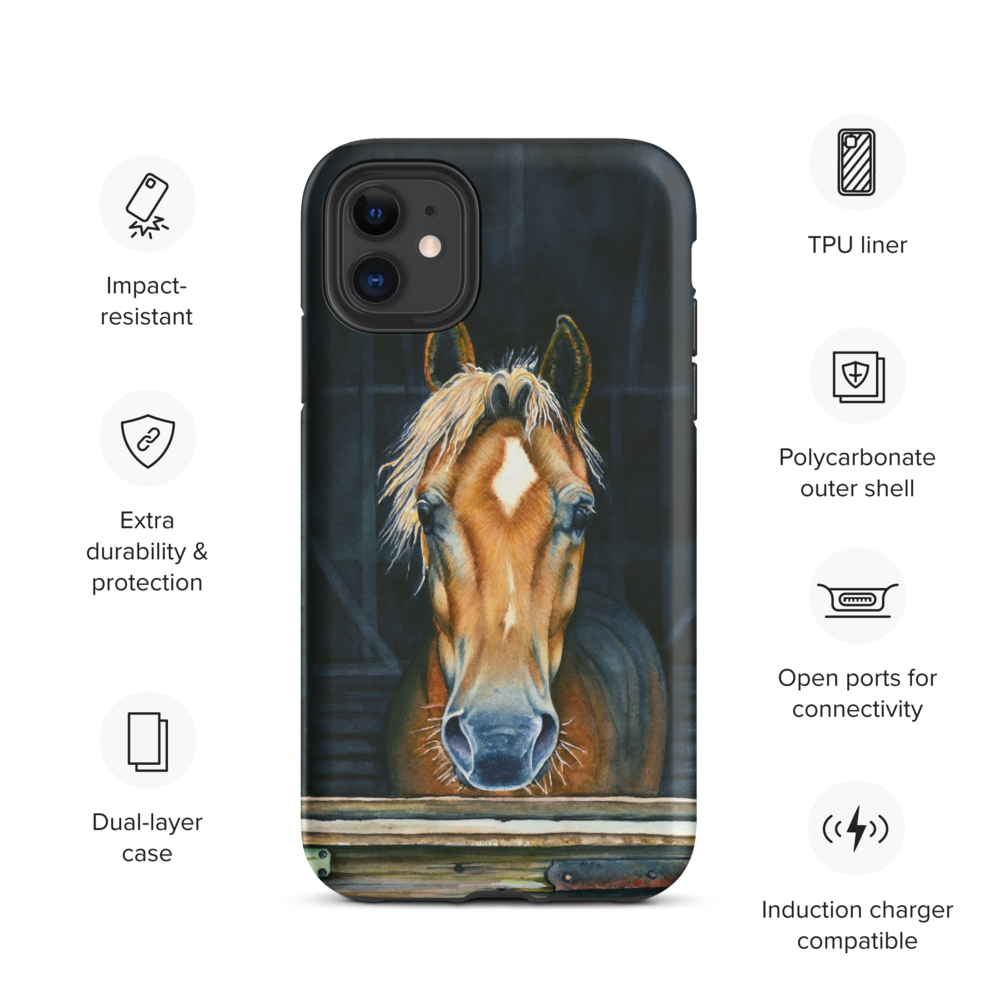 A phone case featuring a painted brown horse portrait on the back, shown centered on a light gray background with feature callouts around it. The text highlights protective qualities such as impact resistance, TPU liner, polycarbonate outer shell, open ports, and induction charger compatibility.