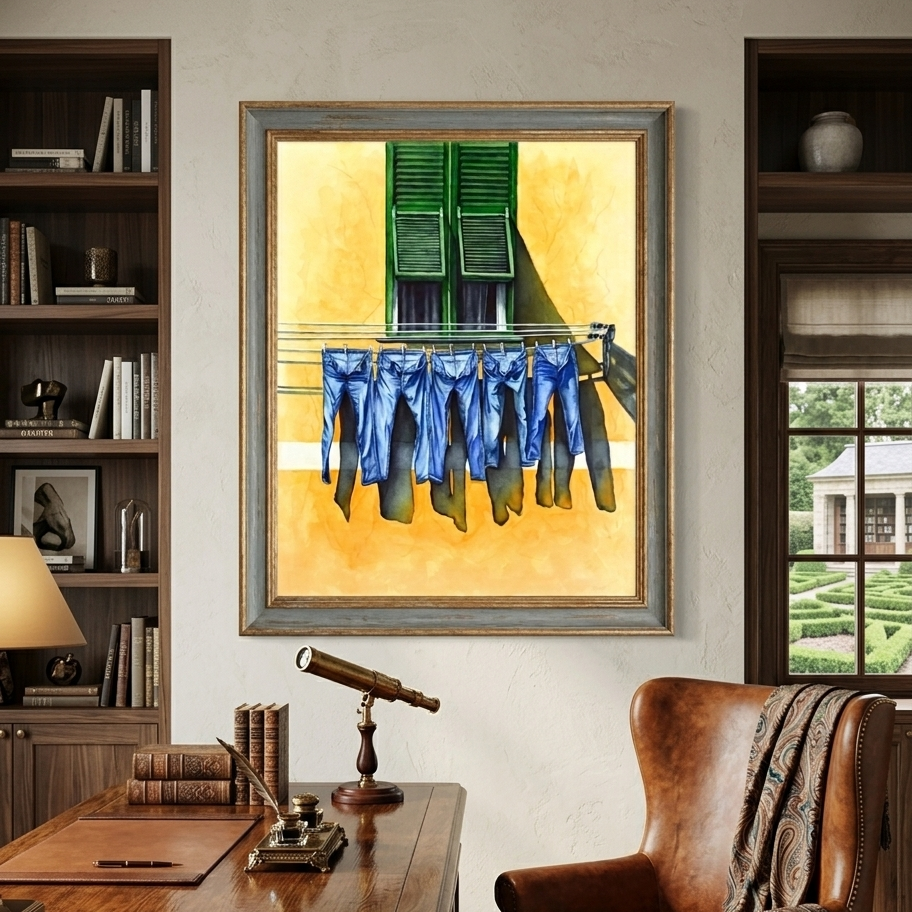 Jeans on Yellow House Painting - Giclée Watercolor Print