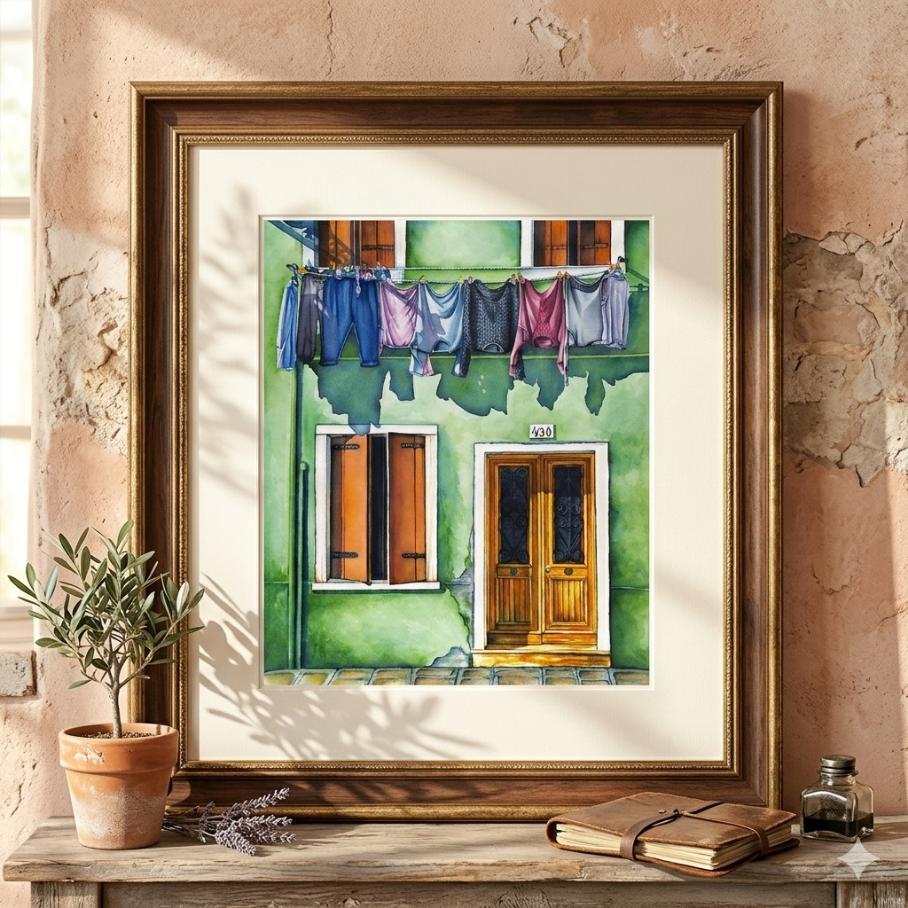 Clothesline on Green House Painting - Giclée Watercolor Print
