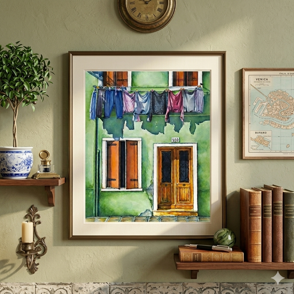 Clothesline on Green House Painting - Giclée Watercolor Print