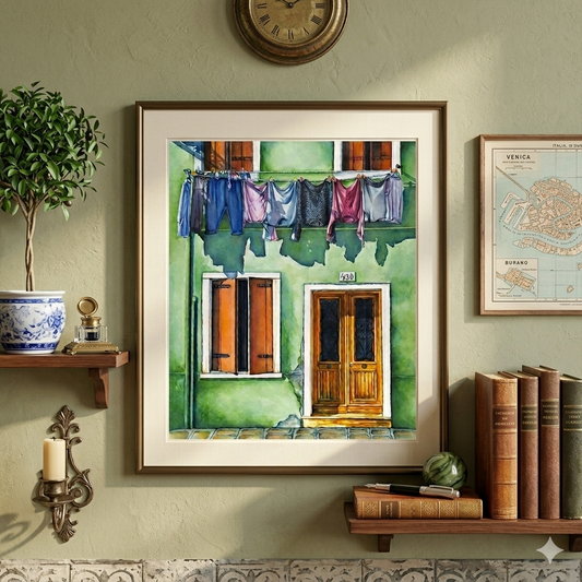 Clothesline on Green House Painting - Giclée Watercolor Print