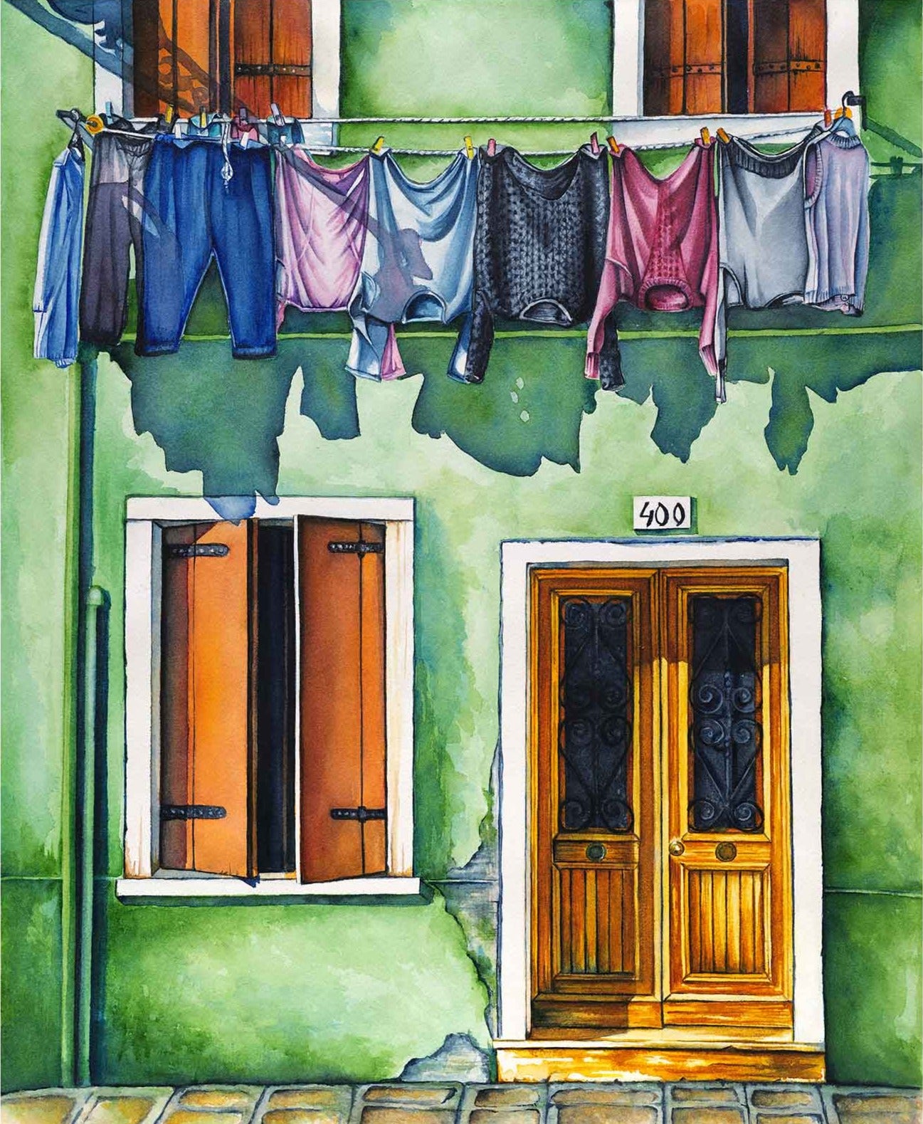 Clothesline on Green House - Giclée Watercolor Print