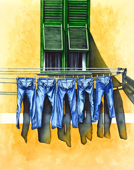 Jeans on Yellow House - Giclée Watercolor Print