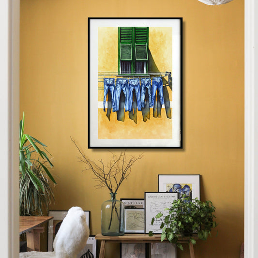 Jeans on Yellow House Painting - Giclée Watercolor Print