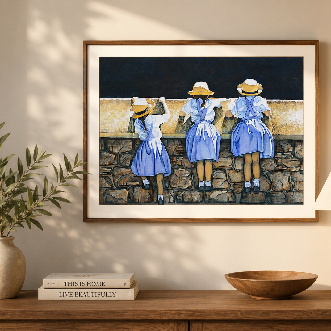 Blue Dress Girls Painting - Giclée Watercolor Print