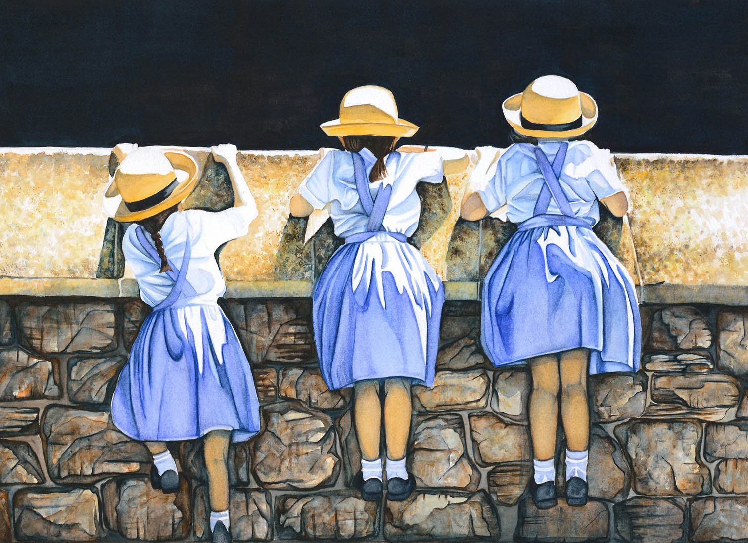 Girls in Blue Dress  Watercolor